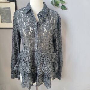 Indigo Thread Co Collared Lace Tiered Romantic Peplum Top Gray L